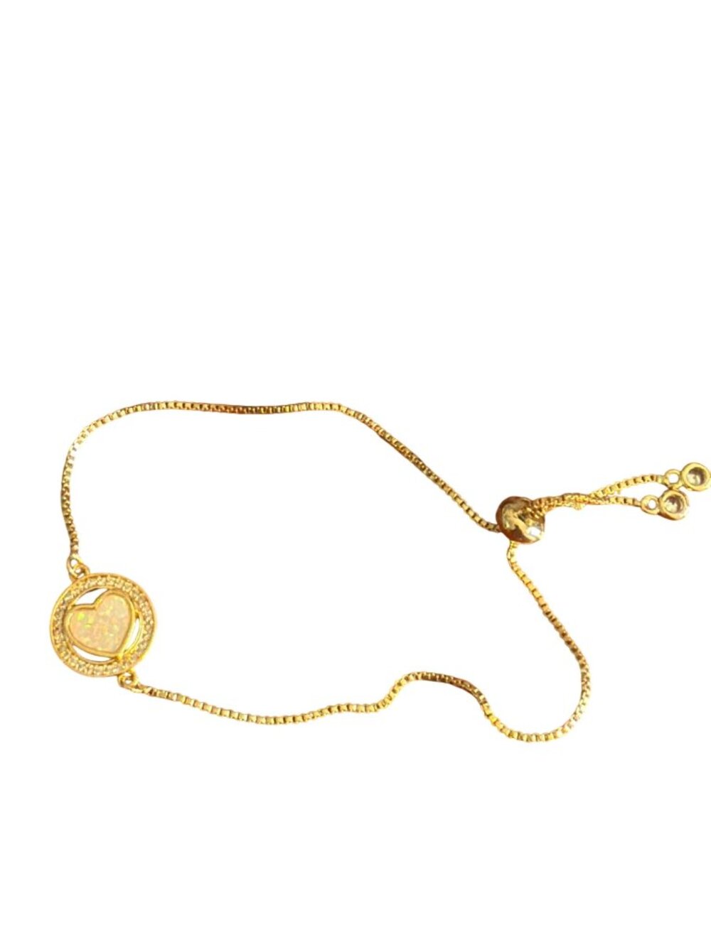 Gold Tone Box Chain Bracelet Anklet Clear Rhinestones Faux Opal Drawstring Heart